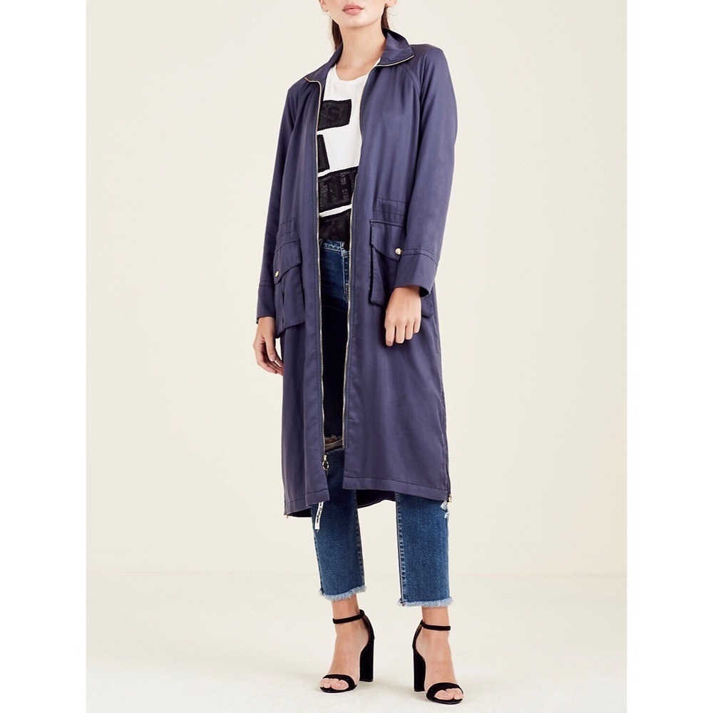 NEW True Religion Navy Duster Silky Long Jacket Trench Coat Overcoat Streetwear - Picture 2 of 6